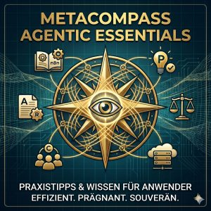 Gold-colored compass with intricate circular lines sits on a teal grid background, overlaid by the title 'METACOMPASS AGENTIC ESSENTIALS' and the German subtitle 'Praxistipps & Wissen für Anwender' in white lettering.
