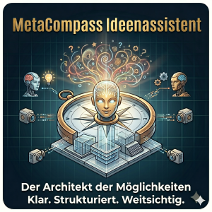 Illustration des 'Architekten der Möglichkeiten' mit Kompass, Gehirn- und Gehirn-Analogien, Bauwürfeln; Slogan unten.