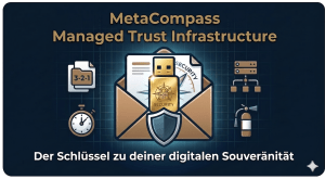 MetaCompass: Managed Trust Infrastructure banner with a shield, envelope and security icons.