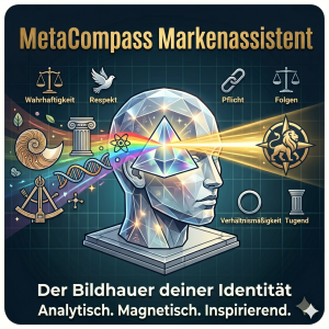 Crystal, faceted bust on a pedestal with rainbow light; German text about identity and values.
