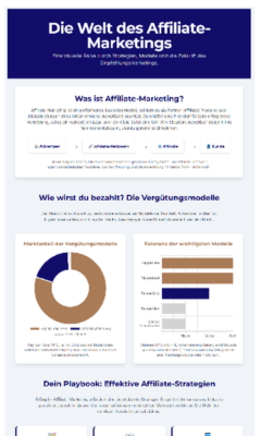 Infografik zum Thema Affiliate-Marketing mit Grafiken zu Vergütungsmodellen und effektiven Strategien