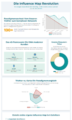 Infografik "Influence Map Revolution" mit Grafiken zum Vergleich von Funnel und Netzwerk sowie zum 4S-Framework
