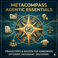 Gold-colored compass with intricate circular lines sits on a teal grid background, overlaid by the title 'METACOMPASS AGENTIC ESSENTIALS' and the German subtitle 'Praxistipps & Wissen für Anwender' in white lettering.