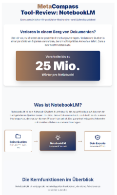 Tool-Review zu NotebookLM mit der Überschrift "MetaCompass Tool-Review: NotebookLM" und der Beschreibung der Kernfunktionen.
