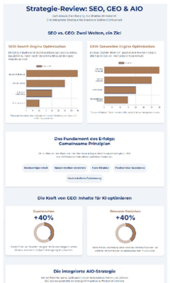 "Strategie-Review SEO, GEO & AIO" mit einem Vergleich von SEO und GEO sowie den Grundlagen für die KI-Optimierung